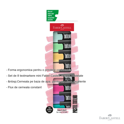 Set 8 textmarkere mini Faber-Castell, nuante pastelate, varf tesit, pentru subliniere si evidentiere [1]