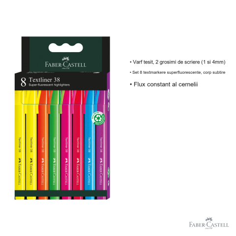 Set 8 textmarkere superfluorescente Faber-Castell 38, varf tesit, 2 grosimi de scriere, pentru birou si scoala [2]