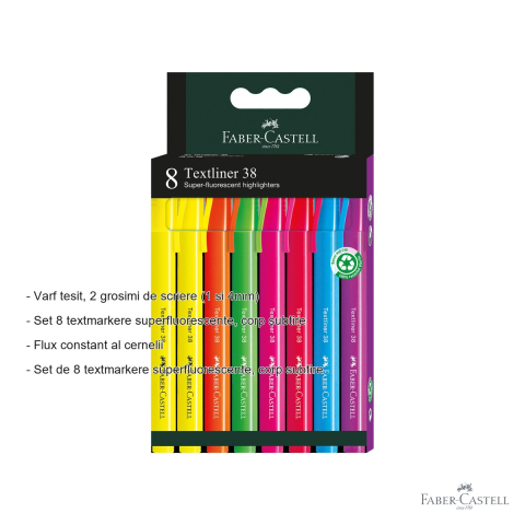 Set 8 textmarkere superfluorescente Faber-Castell 38, varf tesit, 2 grosimi de scriere, pentru birou si scoala [1]