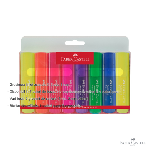 Set 8 textmarkere superfluorescente Faber-Castell, varf tesit, cerneala pe baza de apa, pentru evidentiat text [1]
