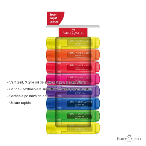 Set 8 textmarkere superfluorescente Faber-Castell, varf tesit, cerneala pe baza de apa, pentru evidentiat text [1]