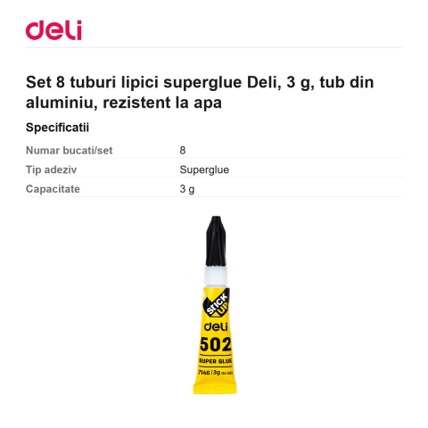 Set 8 tuburi lipici superglue Deli, 3 g, tub din aluminiu, rezistent la apa [2]