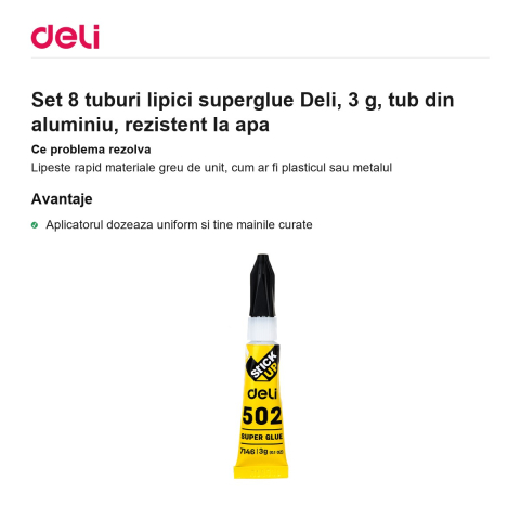 Set 8 tuburi lipici superglue Deli, 3 g, tub din aluminiu, rezistent la apa [1]