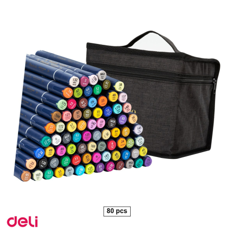 Handmade Creativ si Hobby - Set 80 markere pentru schite Deli, varf dublu rotund si tesit, in husa textila