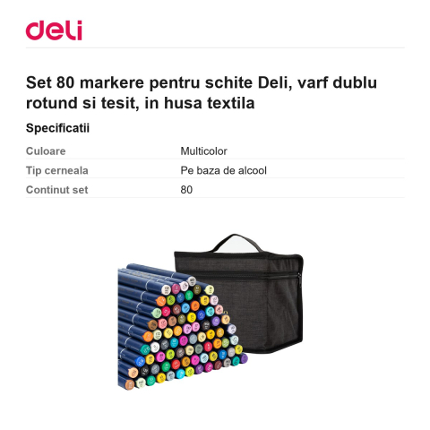 Set 80 markere pentru schite Deli, varf dublu rotund si tesit, in husa textila [2]