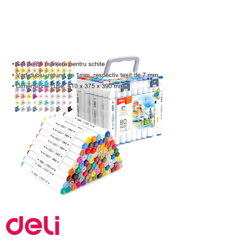 Set 80 markere sketching Deli, varf dublu rotund 1mm si tesit 7mm, cerneala pe baza de alcool, pentru schite si ilustratie [2]