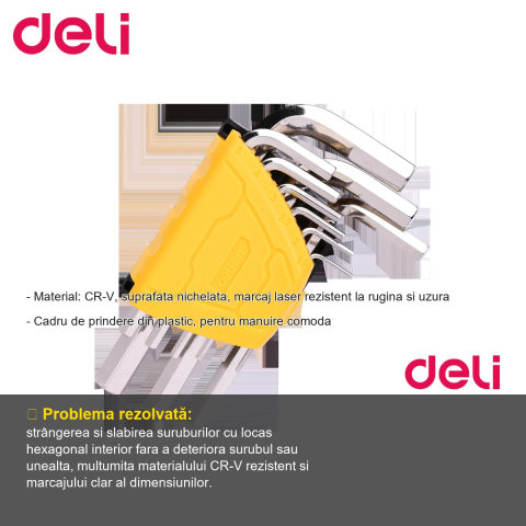 Set 9 chei imbus Deli, material CR-V cu suprafata nichelata, pentru suruburi cu locas hexagonal [1]
