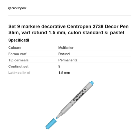 Set 9 markere decorative Centropen 2738 Decor Pen Slim, varf rotund 1.5 mm, culori standard si pastel [2]