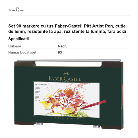 Set 90 markere cu tus Faber-Castell Pitt Artist Pen, cutie de lemn, rezistente la apa, rezistente la lumina, fara acizi [2]