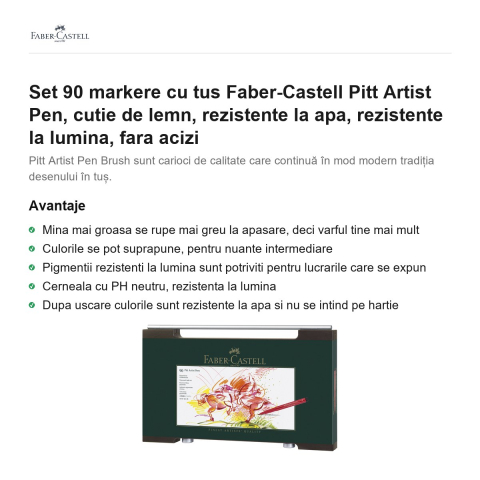 Set 90 markere cu tus Faber-Castell Pitt Artist Pen, cutie de lemn, rezistente la apa, rezistente la lumina, fara acizi [1]