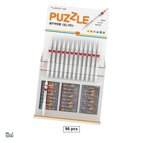 Pixuri - Set 96 pixuri cu gel Nusign Puzzle, cu mecanism, varf 0.5 mm, cerneala albastra, cu 27 seturi de litere decorative pentru clip, in display