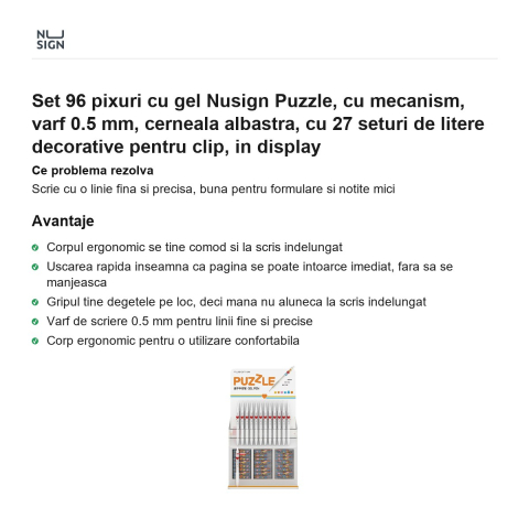 Set 96 pixuri cu gel Nusign Puzzle, cu mecanism, varf 0.5 mm, cerneala albastra, cu 27 seturi de litere decorative pentru clip, in display [1]