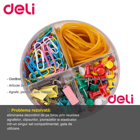 Set accesorii birou Deli, 4 compartimente, cu clipsuri, agrafe, elastice si pioneze, pentru birou, acasa sau scoala [1]