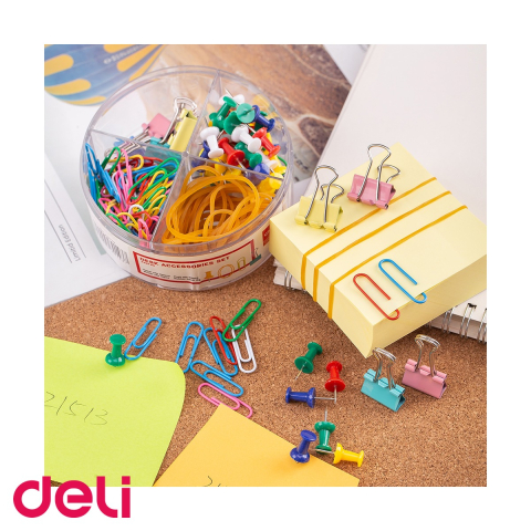 Set accesorii birou Deli, 4 compartimente, cu clipsuri, agrafe, elastice si pioneze, pentru birou, acasa sau scoala [3]
