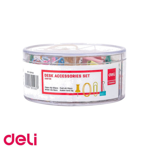 Seturi accesorii de birou - Set accesorii birou Deli, 4 compartimente, cu clipsuri, agrafe, elastice si pioneze, pentru birou, acasa sau scoala