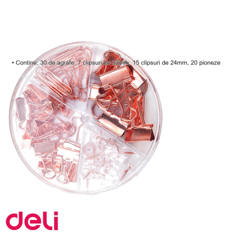 Set accesorii birou Deli auriu - agrafe, clipsuri si pioneze, organizare eficienta la birou [2]