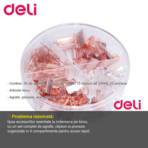 Set accesorii birou Deli auriu - agrafe, clipsuri si pioneze, organizare eficienta la birou [1]