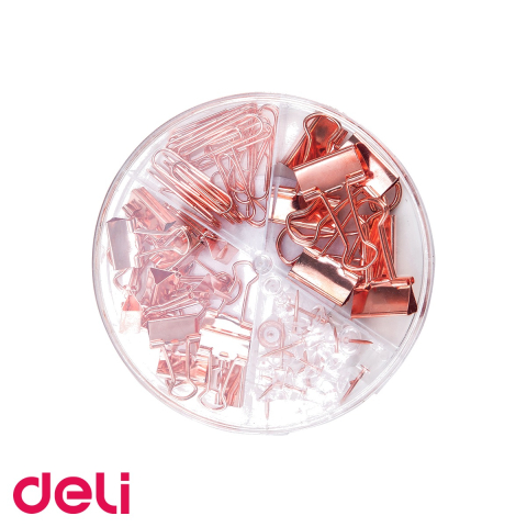 Seturi accesorii de birou - Set accesorii birou Deli auriu - agrafe, clipsuri si pioneze, organizare eficienta la birou