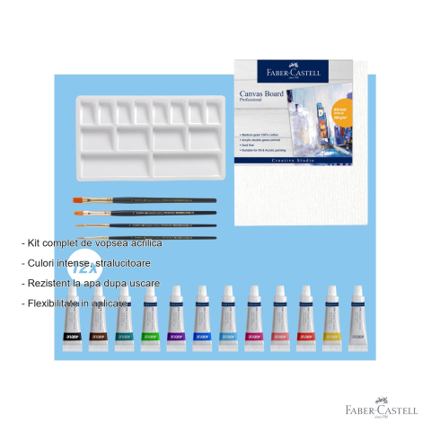 Set acrilic creativ Faber-Castell, 18 piese (12 culori x 9ml, canvas, paleta, 4 pensule), pentru incepatori si amatori [1]