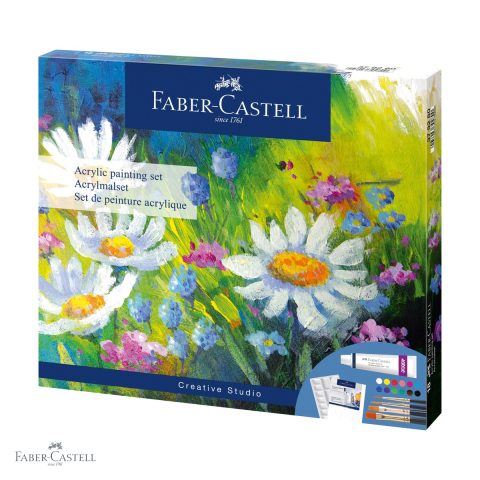 Culori acrilice - Set acrilic creativ Faber-Castell, 18 piese (12 culori x 9ml, canvas, paleta, 4 pensule), pentru incepatori si amatori