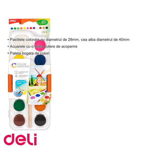 Set acuarele 12 culori Deli, pastile 28mm cu pensula inclusa, pentru desen si pictura [2]