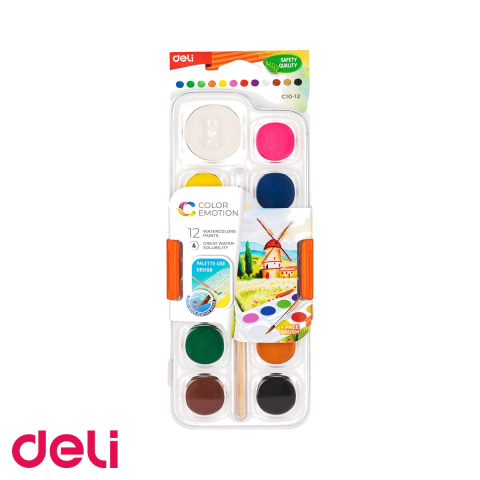 Acuarele - Set acuarele 12 culori Deli, pastile 28mm cu pensula inclusa, pentru desen si pictura