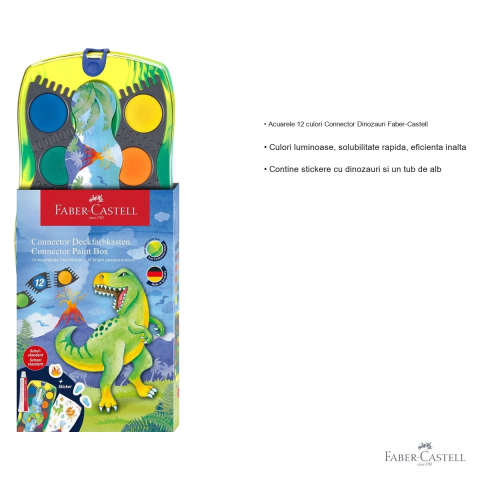 Set acuarele 12 culori Faber-Castell Connector Dinozauri, capac transparent cu paleta, pentru copii [2]