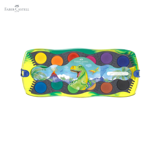 Set acuarele 12 culori Faber-Castell Connector Dinozauri, capac transparent cu paleta, pentru copii [4]