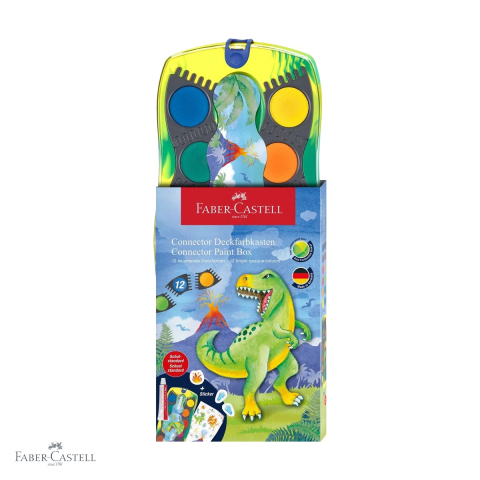 Produse EmagMarketplace - Set acuarele 12 culori Faber-Castell Connector Dinozauri, capac transparent cu paleta, pentru copii