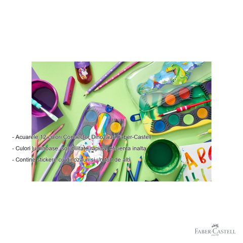 Set acuarele 12 culori Faber-Castell Connector Dinozauri, capac transparent cu paleta, pentru copii [1]