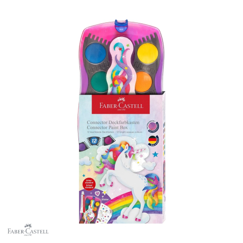 Produse EmagMarketplace - Set acuarele 12 culori Faber-Castell Connector Unicorni, capac transparent cu paleta, pentru copii