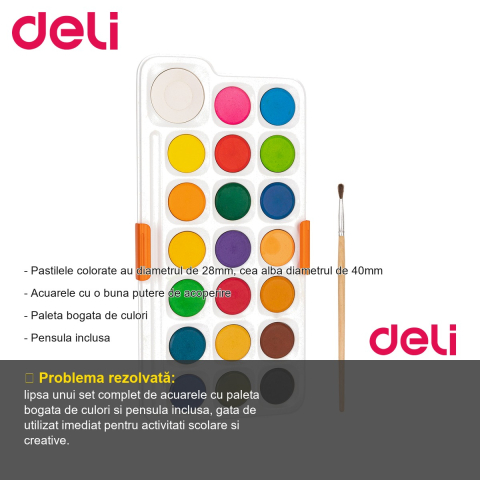 Set acuarele 21 culori Deli, pastile 28mm cu pensula inclusa, pentru desen si pictura scolara [1]