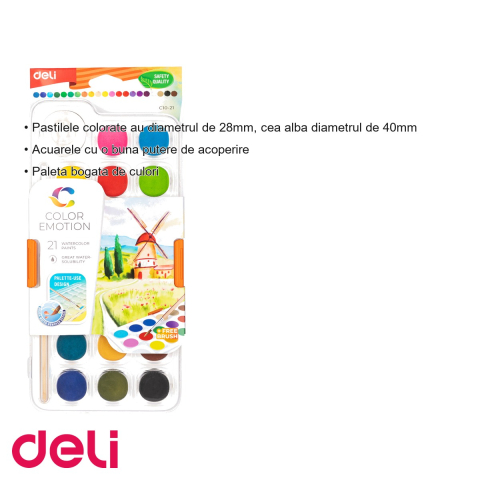 Set acuarele 21 culori Deli, pastile 28mm cu pensula inclusa, pentru desen si pictura scolara [2]