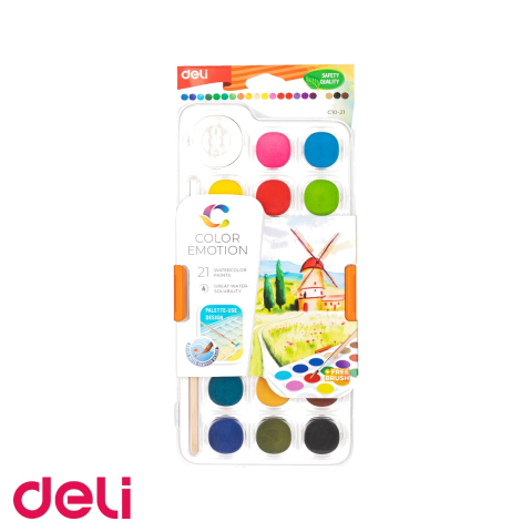 Acuarele - Set acuarele 21 culori Deli, pastile 28mm cu pensula inclusa, pentru desen si pictura scolara