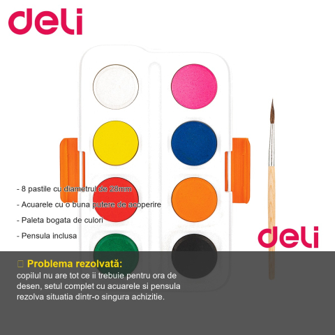 Set acuarele Deli, 8 culori pastile 28mm cu pensula inclusa, pentru desen si pictura scolara [1]