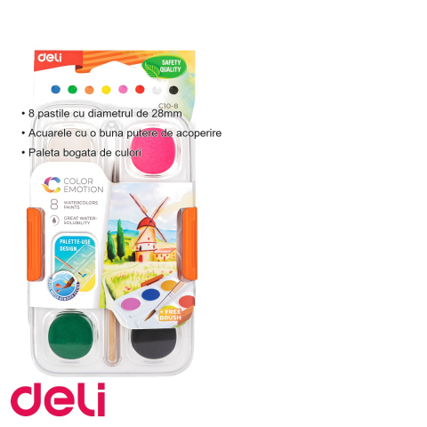 Set acuarele Deli, 8 culori pastile 28mm cu pensula inclusa, pentru desen si pictura scolara [2]