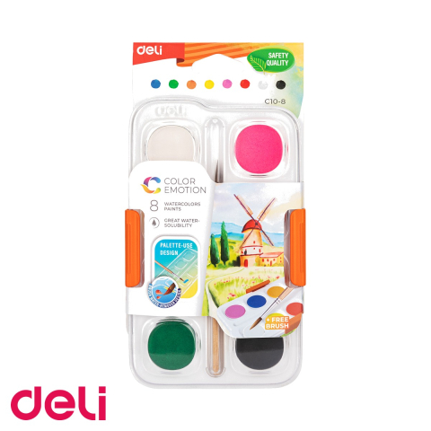 Acuarele - Set acuarele Deli, 8 culori pastile 28mm cu pensula inclusa, pentru desen si pictura scolara
