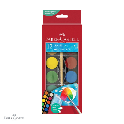 Birotica papetarie - Set acuarele Faber-Castell, 12 culori, pastila 30 mm, cu pensula inclusa, pentru scoala si desen artistic