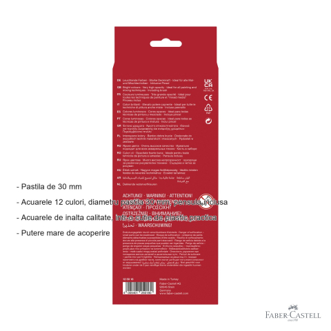 Set acuarele Faber-Castell, 12 culori, pastila 30 mm, cu pensula inclusa, pentru scoala si desen artistic [1]