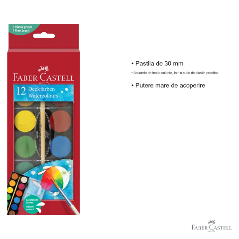 Set acuarele Faber-Castell, 12 culori, pastila 30 mm, cu pensula inclusa, pentru scoala si desen artistic [2]