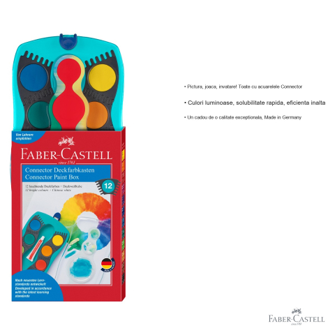 Set acuarele Faber-Castell Connector 12 culori, capac transparent cu paleta integrata, pentru copii si scoala [2]