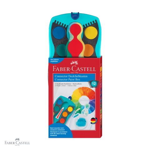 Birotica papetarie - Set acuarele Faber-Castell Connector 12 culori, capac transparent cu paleta integrata, pentru copii si scoala