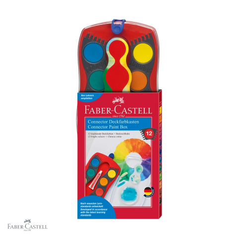 Birotica papetarie - Set acuarele Faber-Castell Connector, 12 culori luminoase cu tub alb inclus, pentru copii si scolari