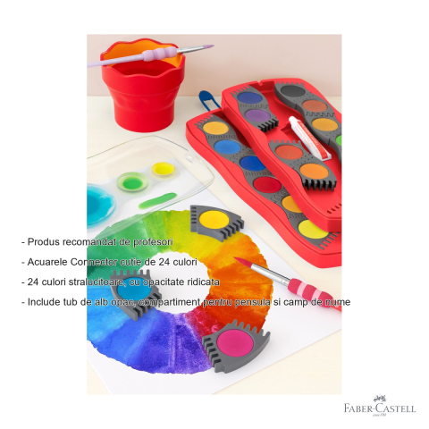 Set acuarele Faber-Castell Connector 24 culori, capac-paleta transparent, cu tub alb si pensula incluse, pentru scoala [1]