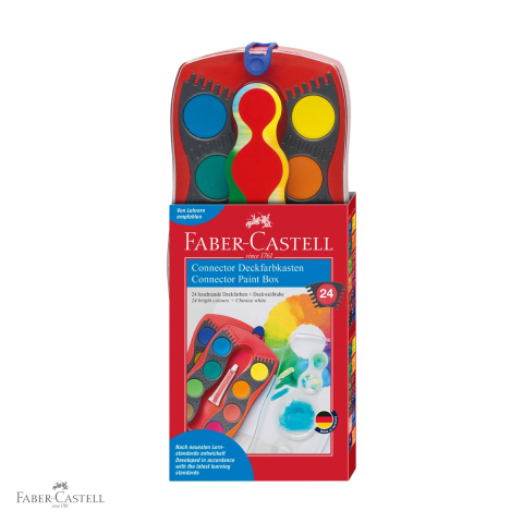 Birotica papetarie - Set acuarele Faber-Castell Connector 24 culori, capac-paleta transparent, cu tub alb si pensula incluse, pentru scoala