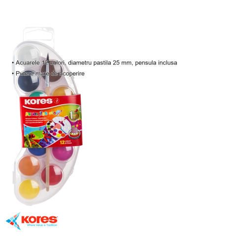 Set acuarele Kores Akuarellos Mini, 12 culori cu pensula inclusa, pastile 25 mm, pentru copii si scolari [2]