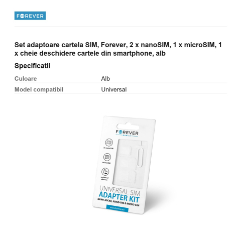 Set adaptoare cartela SIM, Forever, 2 x nanoSIM, 1 x microSIM, 1 x cheie deschidere cartele din smartphone, alb [2]