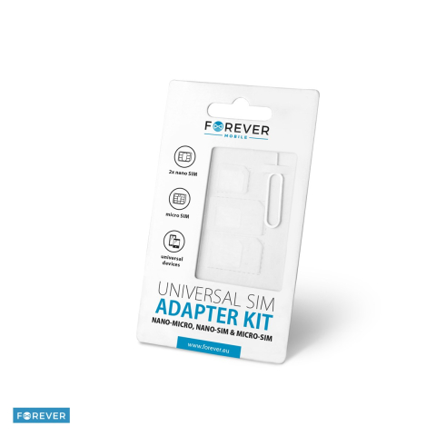 Adaptoare smartphone - Set adaptoare cartela SIM, Forever, 2 x nanoSIM, 1 x microSIM, 1 x cheie deschidere cartele din smartphone, alb