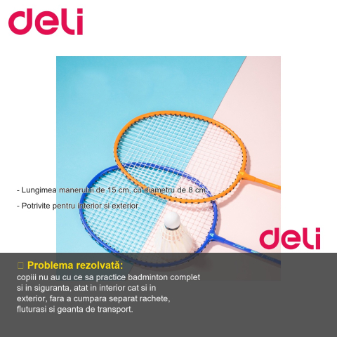 Set badminton Deli, 2 rachete cu maner antiderapant si 3 fluturasi, pentru copii, interior si exterior [1]