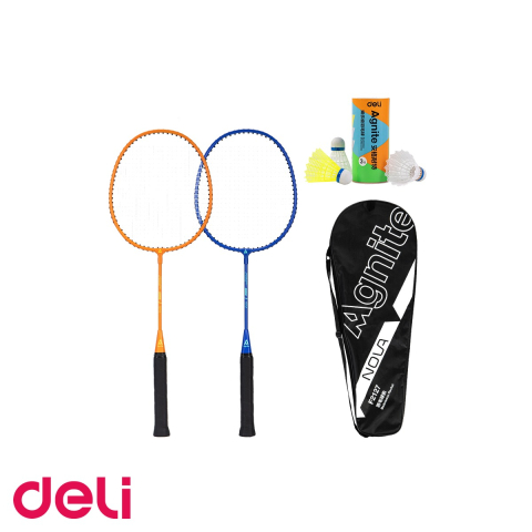 Badminton - Set badminton Deli, 2 rachete cu maner antiderapant si 3 fluturasi, pentru copii, interior si exterior